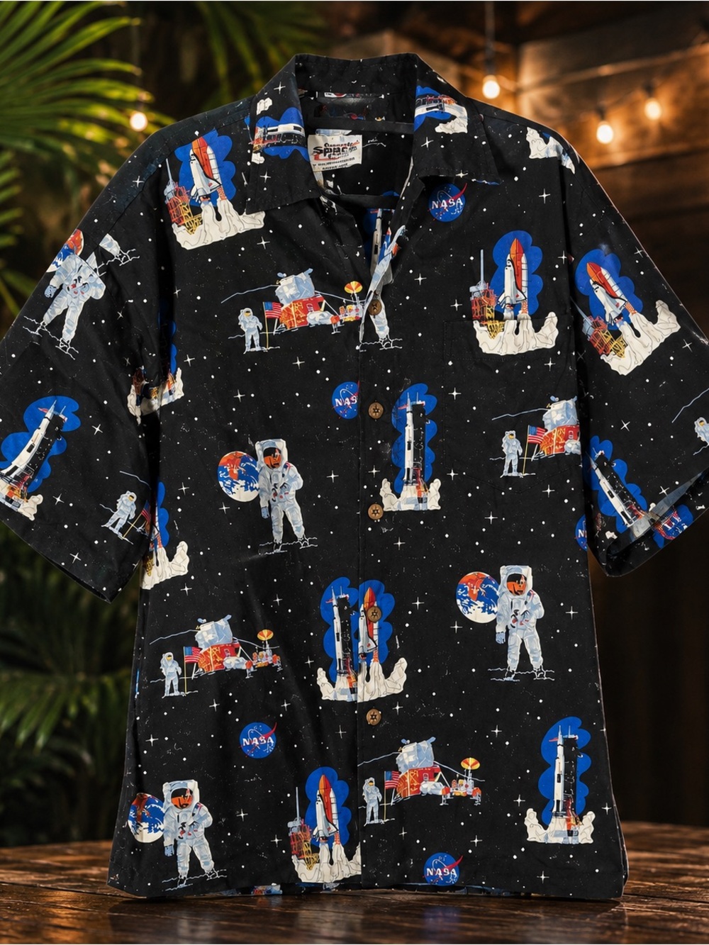 Men's Black NASA Print Short Sleeve Button-Down Shirt